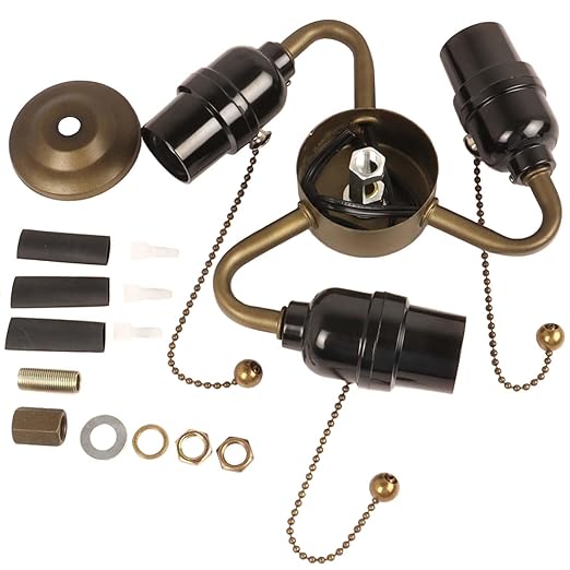 Bieye SC08 E26 Light Socket Cluster with Pull Chain Switch and Electrical Wiring Accessories (3-Light, Antique Brass)