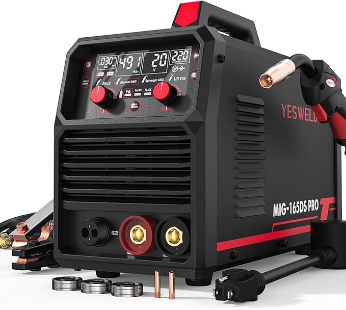 YESWELDER 165A MIG Welder, Flux Core MIG/Gas MIG/Lift TIG/Stick 4 in 1 Multi-process Welding Machine, LED Digital Display Synergic Control 110V/220V Dual Voltage MIG-165DS PRO