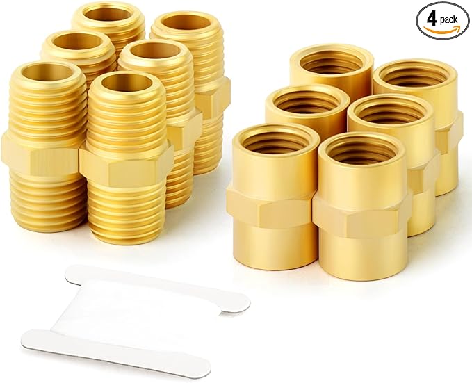 GASHER 4PCS Metals Brass Pipe Fitting, Hex Nipple Brass Hex Coupler, 3/8" x 3/8" NPT Male Thread Pipe, 3/8 Inch x 3/8 Inch NPT Female Thread Pipe