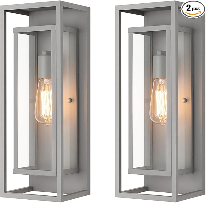 mirrea 18" Classic Outdoor Wall Sconce 1 Light in Rectangular Metal Frame and Clear Glass Shade Waterproof Porch Light Patio Light Pack of 2 (Matte Gray)