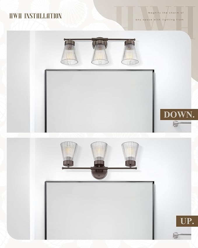 Bathroom Vanity Light Fixture, HWH 3-Light Farmhouse Vanity Lights Over Mirror Bathroom Lighting Fixtures with Clear Striped Glass Shade, Oil-Rubbed Bronze Finish, 5HZG97B-3W ORB