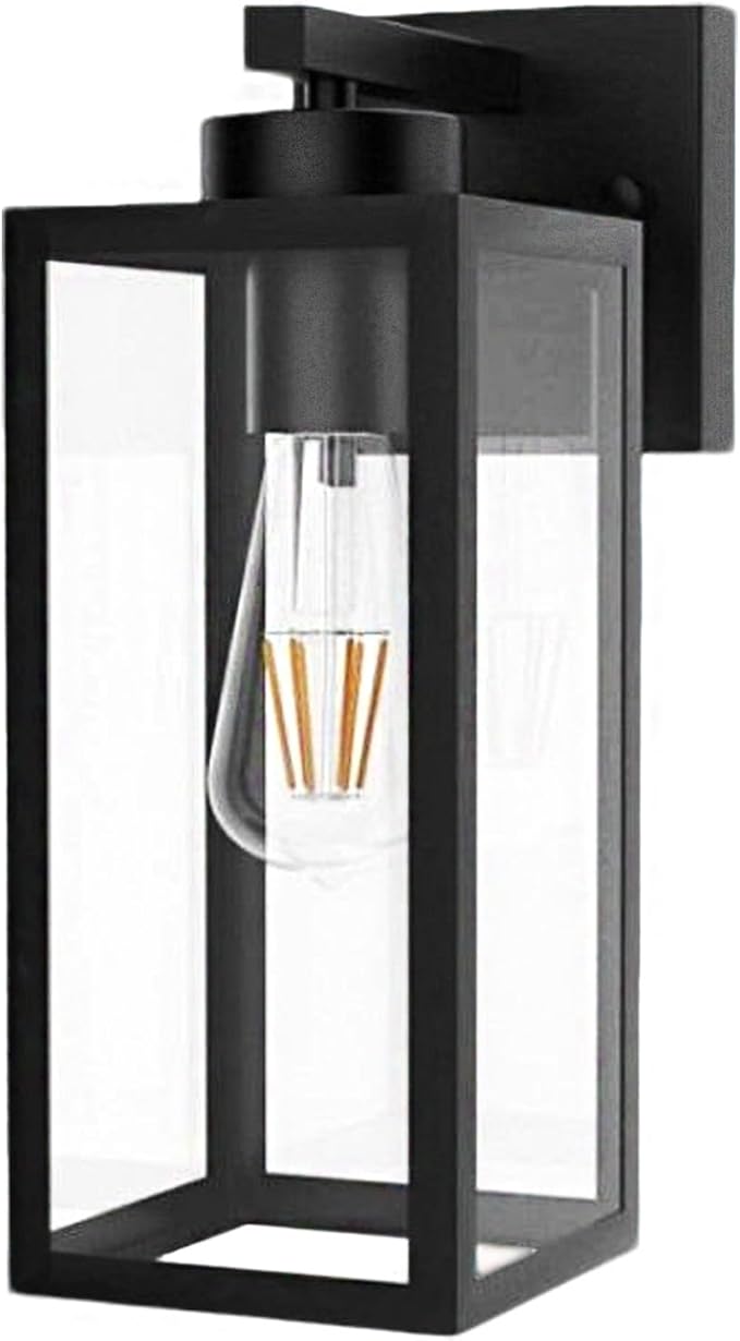 Outdoor Light Fixture, 14IN Matte Black Front Porch Lamps Width Glass Shades, Exterior Waterproof Wall Mount Lantern with E26 Sockets, Outside Lights for House Garage Doorway Patio Entryway