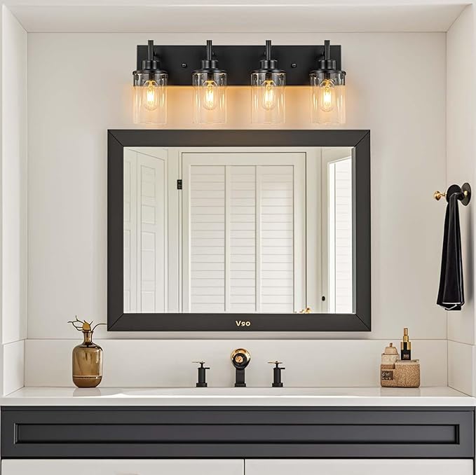 GoYeel Bathroom Light Fixtures Over Mirror, Matte Black Vanity Light 4 Light Wall Sconce Lighting Indoor Farmhouse Bathroom Lamp with Clear Glass Shade for Bedroom Living Room Hallway Kitchen