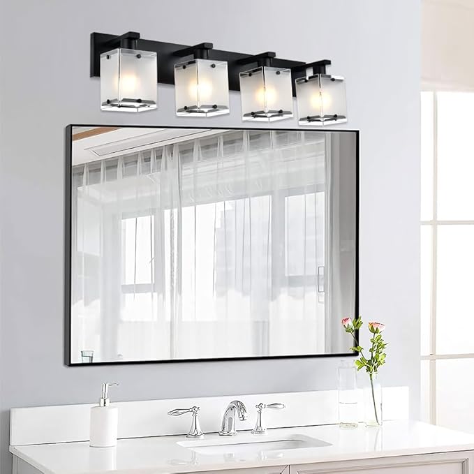 4-Lights Bathroom Vanity Lighting Over Mirror, Black Bathroom Wall Light Fixtures with Frosted Rectangular Glass Shade for Bath Living Room, E26 Bulb Base