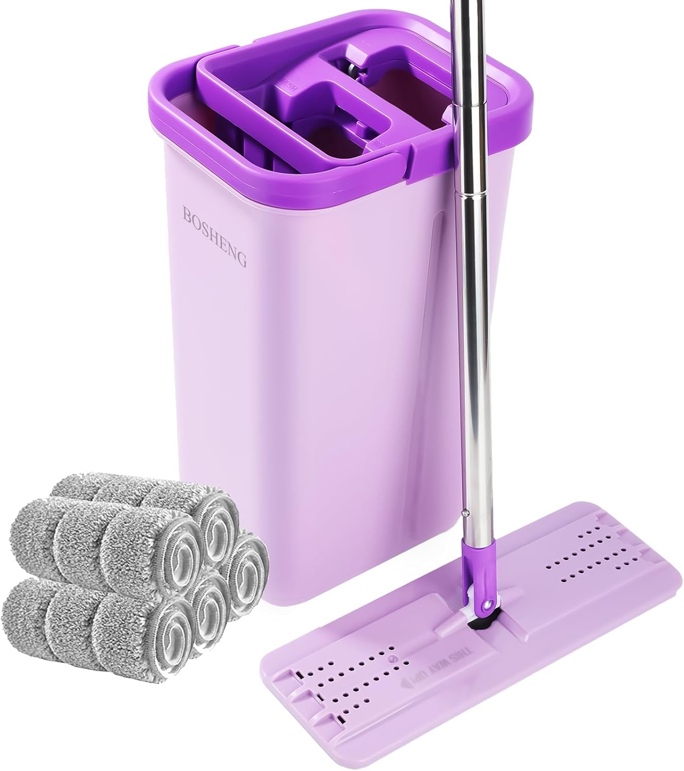 Mop and Bucket with Wringer Set, Hands Free Flat Floor Mop and Bucket, 5 Washable Microfiber Pads Included, Wet and Dry Use, Home Floor Cleaning System for All Floor Types and Windows,Purple