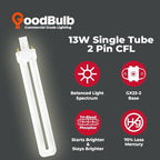 GoodBulb 13 Watt CFL Light Bulbs 2 Pin GX23 Base 3500K Neutral White 13W High Output 800 Lumens Single Tube Compact Fluorescent Light Bulbs Plug-in 10 Pack