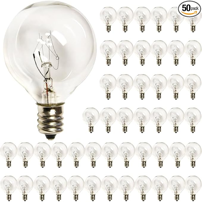 SUNSGNE G40 Replacement Light Bulbs, 5 Watt Clear Bulbs 1.5 Inch Globe Light Bulbs for Indoor Outdoor String Lights Replacement, Fits E12/C7 Screw Base Socket, 50 Pack