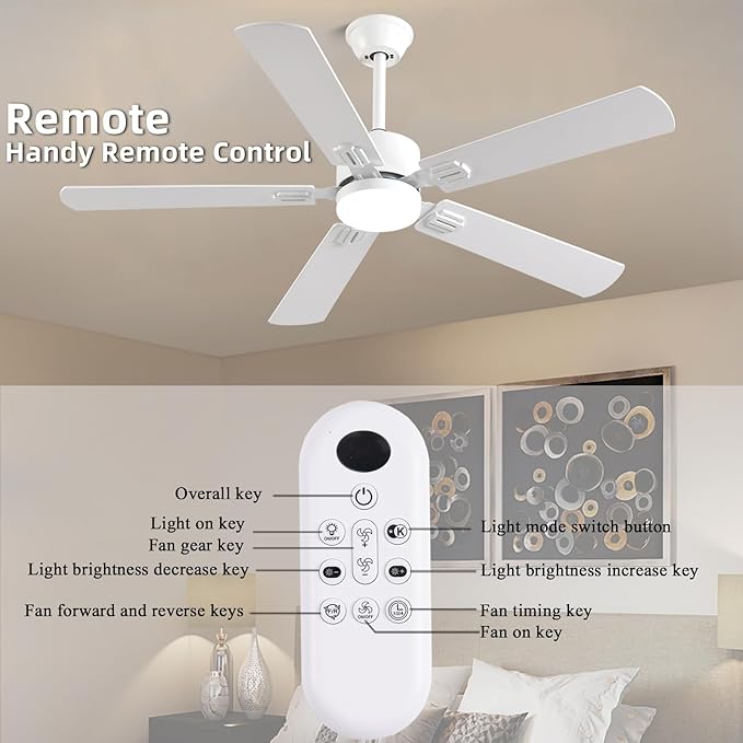 56inch Modern White Ceiling Fans with Lights and Remote/App Control, Dimmable LED, Reversible DC Motor, Noiseless, 6 Speeds Low Profile Ceiling Fan for Livingroom Indoor/Outdoor Use