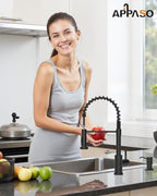 APPASO Black Kitchen Faucet with Soap Dispenser and Pull Down Sprayer, SUS304 Stainless Steel Commercial Single-Handle Spring Faucet for Kitchen Sink, Matte Black