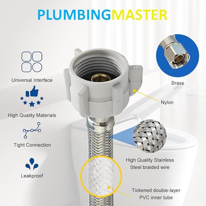 (6pcs 12 inch) PLUMBINGMASTER Toilet Water Supply Line,3/8" Comp x 7/8" BC Braided Stainless Steel Toilet Supply Line,Toilet Connector Hose with Anti-Leaking Brass Nut