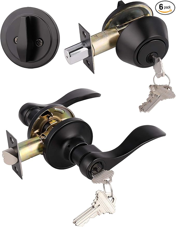 Gobrico 6 Keyed-Alike Entry Lever and Single Cylinder Deadbolt Combination Locksets,Black Finished,for Right-Handed and Left-Handed Doors