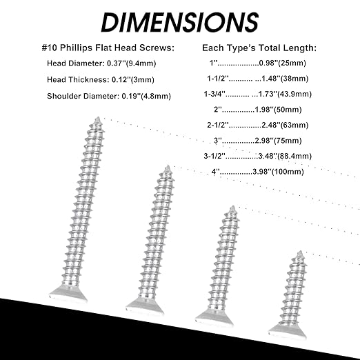 Black Head 25 PCS #10X4 Stainless Steel Phillips Flat Head Wood Screws,Stainless Steel 18-8 A2(304) Screw,Home Screw Kit by QISHENG
