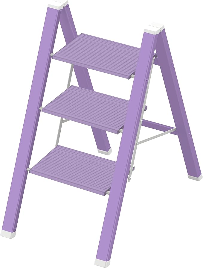 3 Step Lightweight Folding Ladder for Home, 330lbs Aluminum Step Ladder Anti-Slip for Kitchen, Step Stool Foldable Adults for Closet, 330lbs - Purple