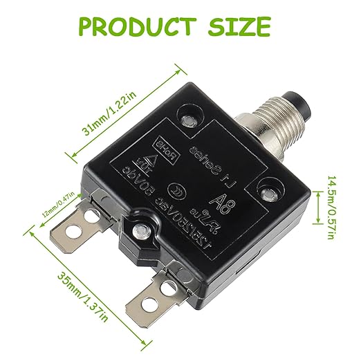 8A Manual Reset Push Button Circuit Breaker 125/250V AC 50V DC Thermal Overload Protector with Quick Connect Terminals and Waterproof Button Caps Assortment Kit(Pack of 2 pcs)