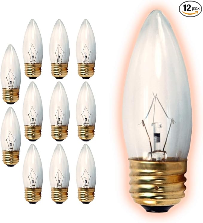 GoodBulb 25-Watt Incandescent Torpedo Light Bulbs B10 Shape Clear Finish Medium E26 Base 2700K Warm White Light Color Dimmable 175 Lumens Decorative Chandelier Lamps Pack of 12