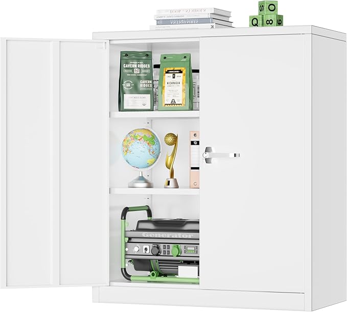 Greenvelly Metal Storage Cabinet, 36" Locking Storage Cabinet with Doors and Shelves, Lockable Storage Cabinets for Home Office, Utility Locker Cabinet, Steel Garage Cabinet with 2 Keys, White Grey