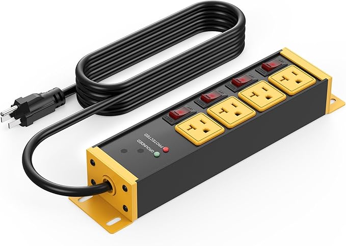 CCCEI Heavy Duty Surge Protector Power Strip 20 Amp Individual Switches. 4FT 12 Gauge Extension Cord with Multiple Outlets. Kitchen, Garage, Shop, Industrial Wall Mount Electric Extender, Yellow.
