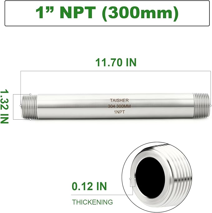 TAISHER 2PCS Stainless Steel Pipe Fittings, 1" NPT Male x 1" NPT Male Threaded, 12" Length Thickened Nipple Cast Pipe