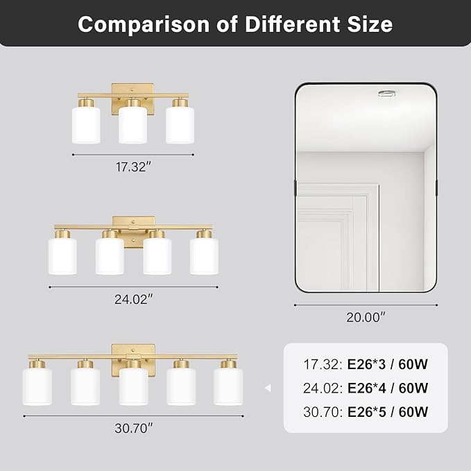 Gold Bathroom Light Fixtures, 3-Light Modern Vanity Light Over Mirror, Wall Sconces with Milky White Frosted Glass Shades, E26 Socket (Bulbs Not Included)