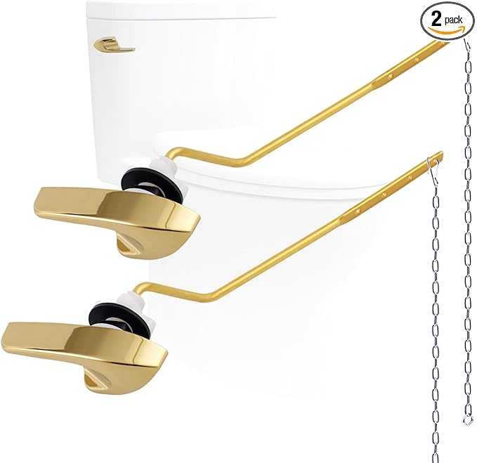 2Pack Universal Side Mount Toilet Handle Replacement Kit Compatible with Kohler K-GP30324-CP/Glacier Bay Toilet with Flapper Chains, Metal Toilet Flusher Lever, Shiny Gold