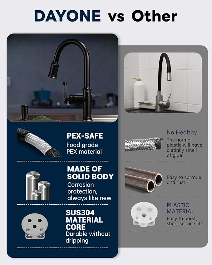 Antique Oil Rubbed Bronze Kitchen Sink Faucet with Soap Dispenser, DAYONE Pull Down Farmhouse Faucet for Sink with 3 Mode Sprayer, Single Handle High Arc, DAY-APS136-ORB