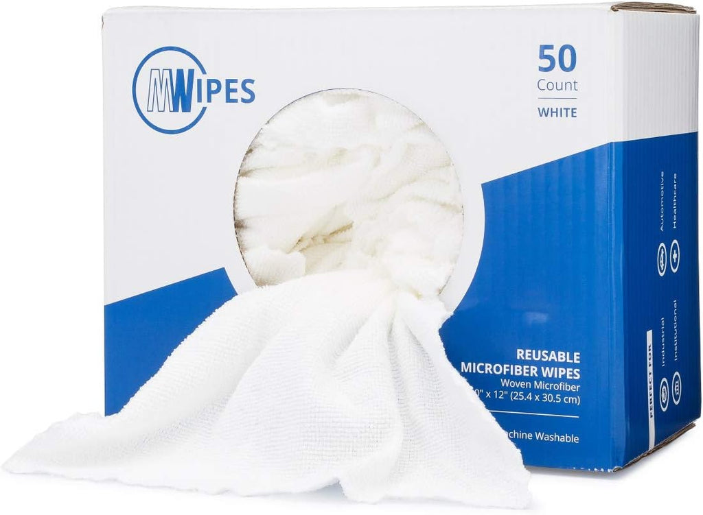 Microfiber Rags in A Box (50 Count) - Mwipes - 10" x 12" Reusable Wipes for Cleaning - Edgeless Terry Towels, Shop Rags, Wash, Dust, Disposable, House, Small Cleaning Cloths (White)