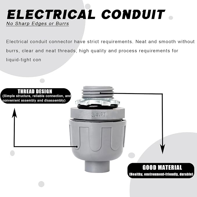3/4 inch Liquid Tight Connector PVC Flexible Conduit Connector, Straight 180 Degree UL Listed Liquid Tight Connector, Non-Metallic Electrical Conduit Fittings (8 Pack)