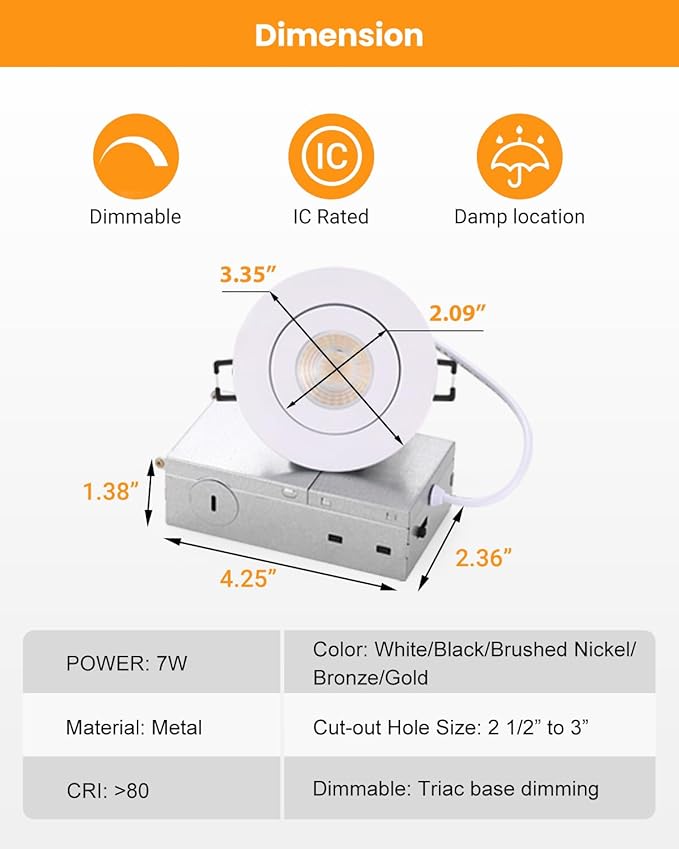3 inch Recessed LED Lights 7W Gimbal Rotatable Directional Downlight,360°Adjustable Soffit Lighting Dimmable Swivel Eyeball, 90°Tilt Canless Swivel Spotlight 5CCT Selectable 6 Pack White