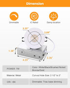 3 inch Recessed LED Lights 7W Gimbal Rotatable Directional Downlight,360°Adjustable Soffit Lighting Dimmable Swivel Eyeball, 90°Tilt Canless Swivel Spotlight 5CCT Selectable 6 Pack White