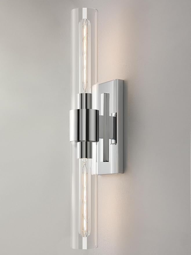Chrome Tube Wall Sconces with Clear Glass, 24'' Modern Bathroom Vanity Light Fixtures for Bathroom Living Room Bedroom Hallway Fireplace Staircase(Bulb Included).