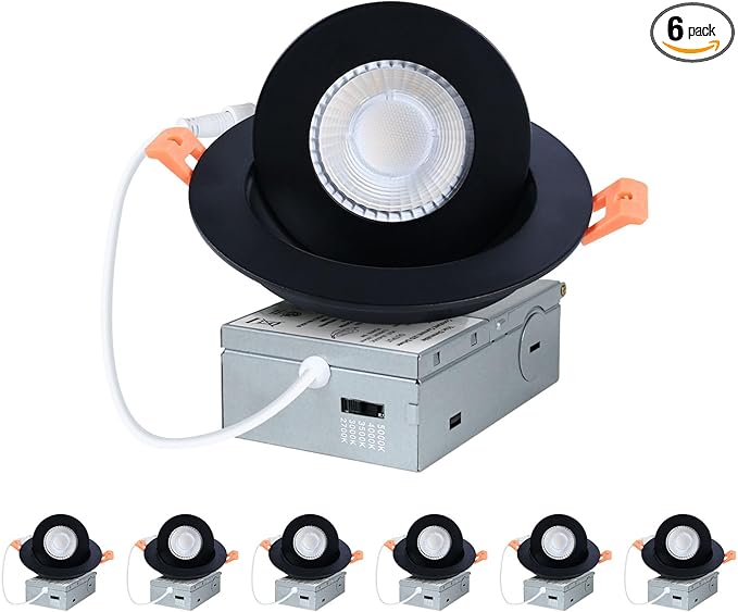 ZYC Gimbal LED Recessed Lighting - 4 Inch 5CCT 9W 360° Rotation Adjustable Eyeball Light,LED Swivel Spotlight,Directional Sloped Ceiling Light,Dimmable Canless Wafer Downlight Pack of 6 Black.