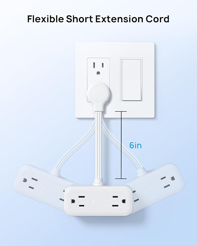 TROND Outlet Extender with 6 Inch Cord, Flat Plug Adapter with 4 Electrical Sockets and 4 USB Ports, Wall Mountable, Multi Plug Wall Outlet for Home Office Travel Dorm, Cruise Ship Essentials, White