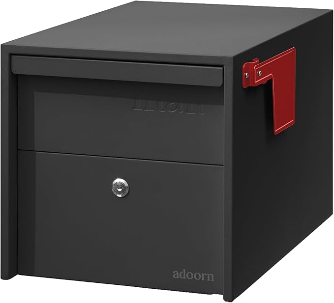 Adoorn Lockable Post Mount Mailbox | Small (Black), Size 12 x 12 x 18.5 (HxWxD) Anti-Theft Locking Mailbox with 2 Keys, Modern Mailbox with Flag, Weatherproof Mailboxes for Outside