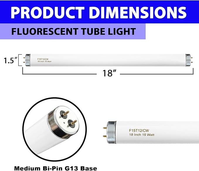 T12 15 Watt Fluorescent Bulb, 18 Inches F15T12/CW Straight Fluorescent Tube, Medium Bi-Pin Base, Cool White 4000K 800 Lumens 4 Pack