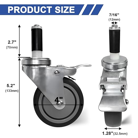 MySit 4 Inches Prep Table Wheels Set of 4, Expanding Stem Casters with Double Brake Fit 7/8", 1", 1-1/8", 1-1/4", 1-3/8"ID Tube Pipe Legs for Stainless Steel Kitchen Cart, Wire Shelving Racks