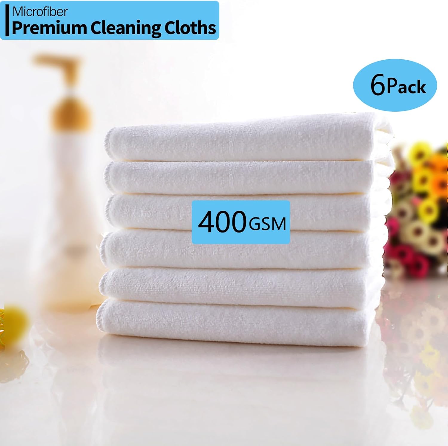 White Microfiber Cleaning Cloth 6Pack Cleaning Rags Absorbant Lint Free Cloth for House, Kitchen, Car, Glass, Stainless Steel, Window, Boat Cleaner-12''x 12''-White
