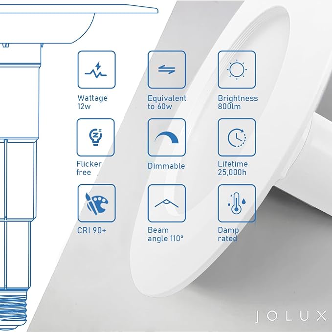 Jolux 4-Pack 5/6 Inch LED Can Lights Retrofit Recessed Lighting,12W=60W,4000K CoolWhite,800 Lumens,Dimmable Can Lights,Damp Rated,Simple Installation Adjustable Retrofit Downlight,ETL,Bevel Trim