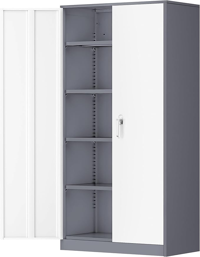Greenvelly Metal Storage Cabinet with 2 Doors and 4 Adjustable Shelves, Lockable Steel Tool Cabinet for Home, Office, Garage, Classroom (Grey White)