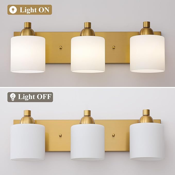 Stainless Steel Milk Glass Vanity Lights for Bathroom, 3 Light Gold Bathroom Light Fixtures Over Mirror, Ceramic E26 Sockets Wall Mounted