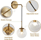 KCO Modern Glass Globe Wall Sconce Set of Two Minimalist Gold Wall Light Fixture with Adjustable Cord Brass Round Glass Wall Mounted Reading Lamp (Clear-2PC)