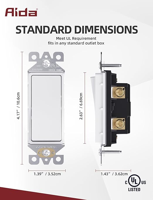 AIDA Matte White Single Pole Decorator Light Switch, 15Amp, 120/277V, Decorative Paddle Rocker Switch Replacement, Electrical Wall Switch,Residential/Commercial Grade, UL/CUL (20 Pack)