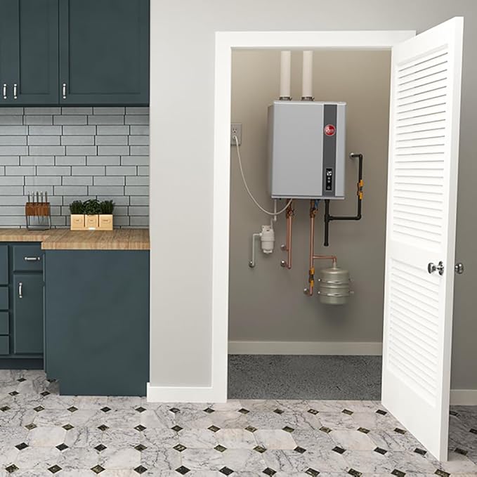 Rheem Natural Gas Condensing Tankless Water Heater Indoor Up To 9 GPM, 180,000 BTUs Continuous Super High Efficient Hot Water