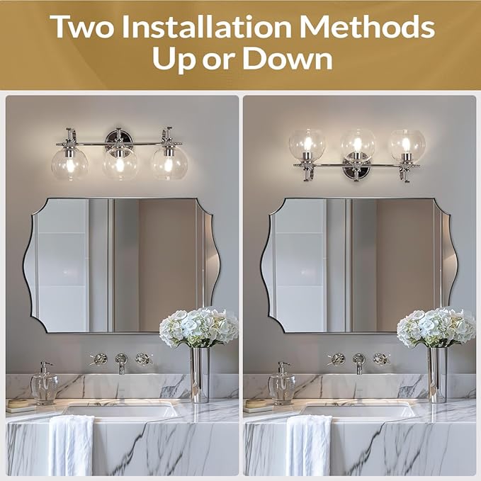 ANDY STAR Chrome Vanity Light, 3-Light Polished Silver Bathroom Light Fixture Over Mirror, Modern Wall Sconce with Clear Glass Shade, Industrial Wall Lighting for Living Room, Bedroom, Hallway, 22.3"