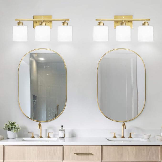 3 Light Gold Bathroom Light Fixtures, Modern Bathroom Vanity Lights with Milky White Frosted Glass Shades, Gold Vanity Mirror with Lights for Mirror Living Room E26 Base