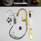 DAYONE Touchless Brushed Gold Kitchen Sink Faucets with Soap Dispenser, Pull Down Motion Sensor Hand-Free Single Handle Faucet for Kitchen Sink High Arc, DAY136TL-BTG