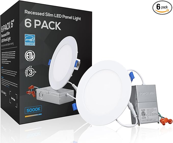 TORCHSTAR 6 Inch Slim LED Recessed Lighting with Junction Box, CRI90 Aluminum Dimmable 12W Ultra-Thin Recessed Light, 5000K Daylight, 1100LM Basic Series LED Downlight, ETL & ES & FCC, Pack of 6