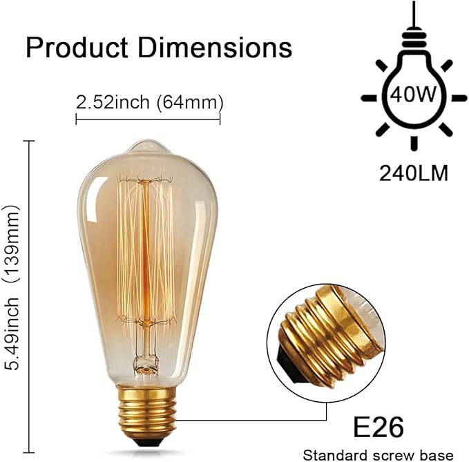 HESSION ST64 Edison Bulbs, E26 Base 110V-40W 4-Pack 2700K Vintage Light Bulb, Amber Glass Warm Light Dimmable Decorative Bulbs for Livingroom Kitchen Table Light etc.