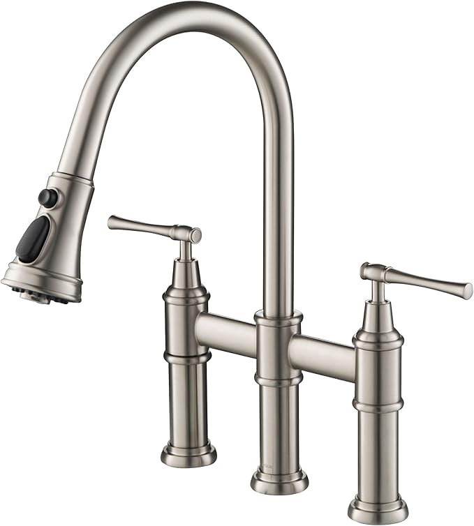 KRAUS Allyn Transitional Bridge Kitchen Faucet with Pull-Down Sprayhead in Spot Free Stainless Steel, KPF-3121SFS