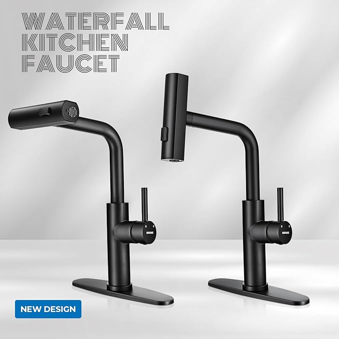 WEWE Waterfall Kitchen Faucet with Pull Down Sprayer, Black Kitchen Faucet with 3 Modes(Sweep/Stream/Waterfall) Swivel Switch Mode,Single Handle Kitchen Sink Faucet