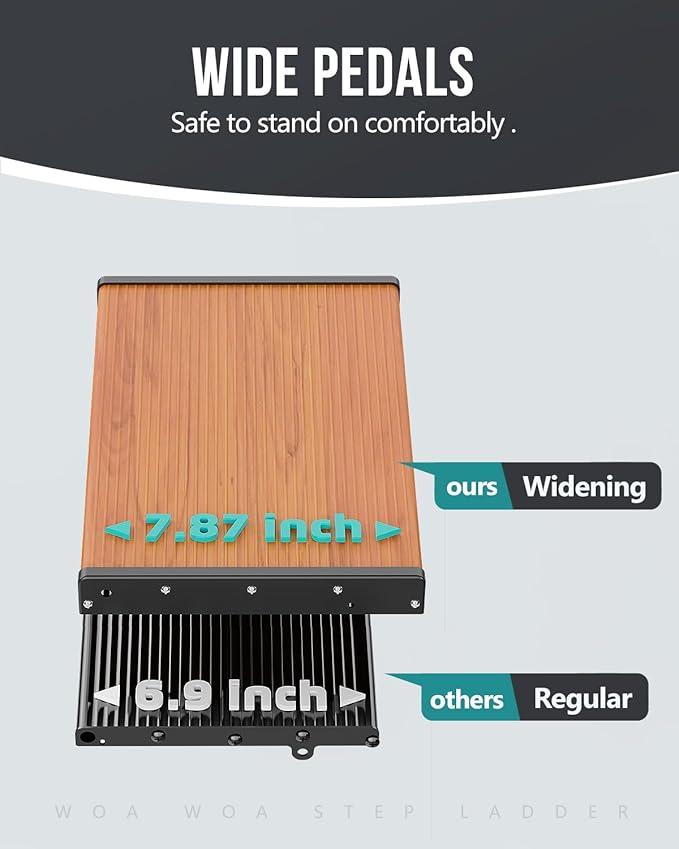 WOA WOA Step Ladder with Widened Pedals, Folding Step Stool with Anti-Slip Feet, Portable Home Ladder for Adults, Kitchen Small Stepladder 300 lbs Capacity (3 Step, Black & Wood Grain)
